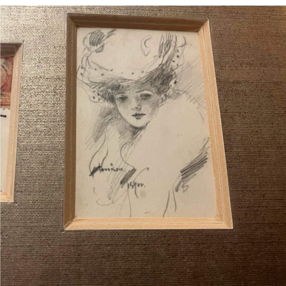 Framed Vintage Pencil Sketch from Harrison Fisher - 1908